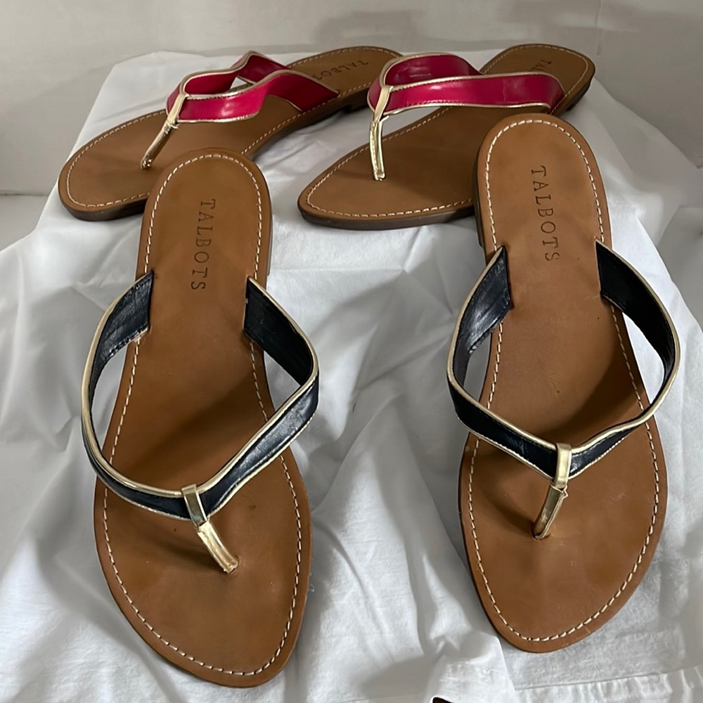 Very lightly worn sandals. Navy/gold and pink/gold all in excellent condition.